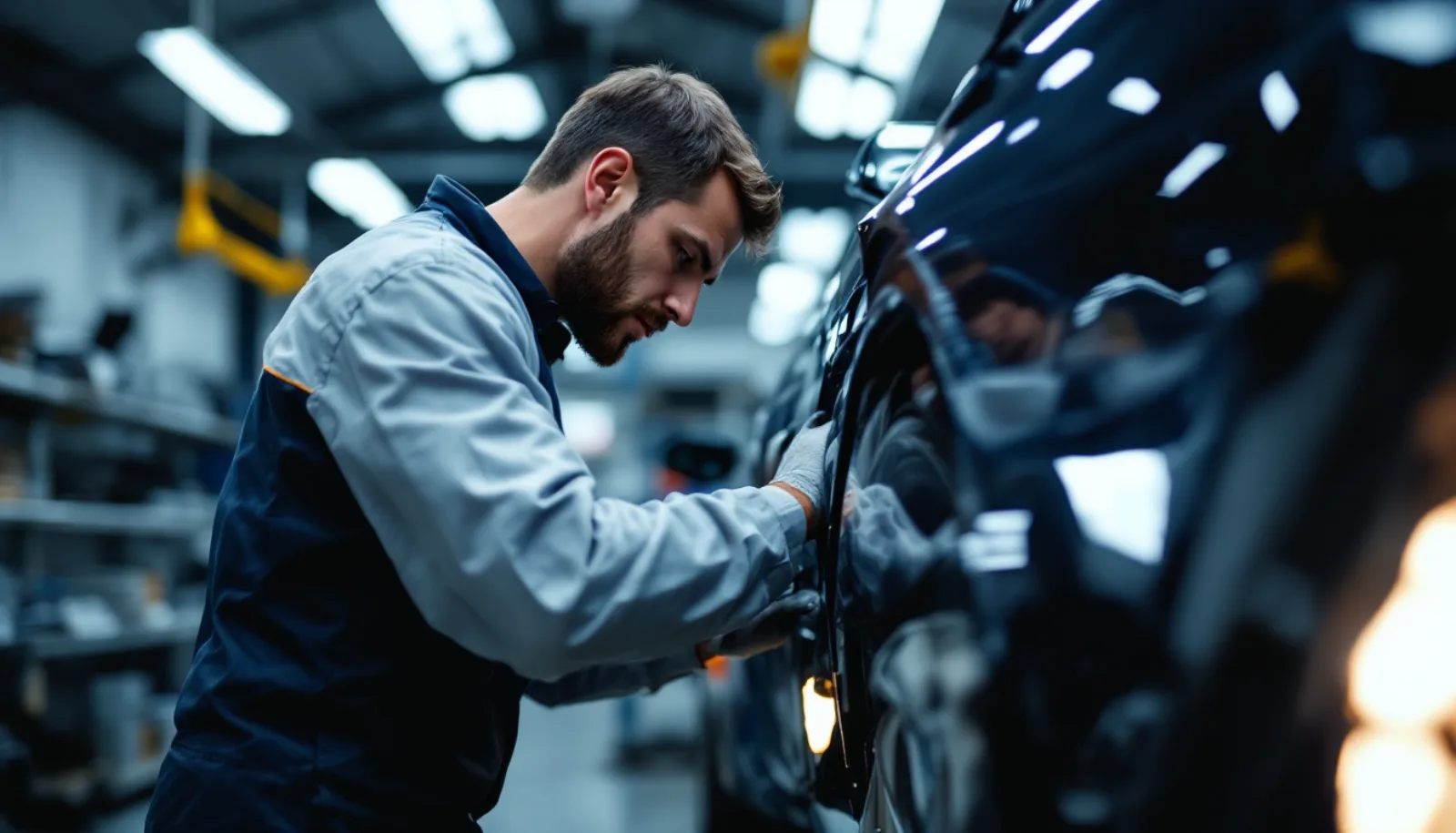 Collision repair technician working on damaged vehicle