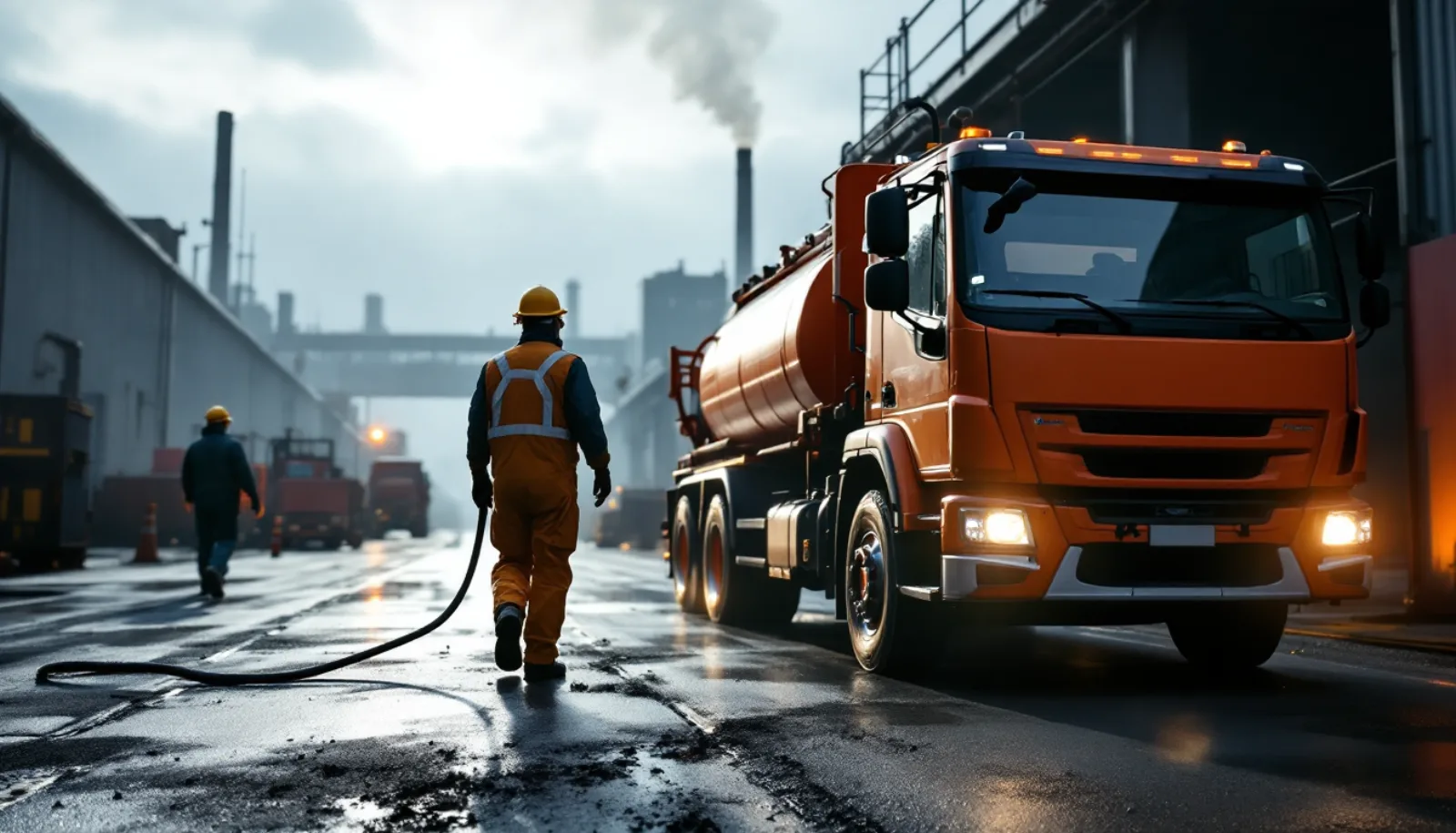 Industrial cleaning crew servicing a hazardous waste storage site