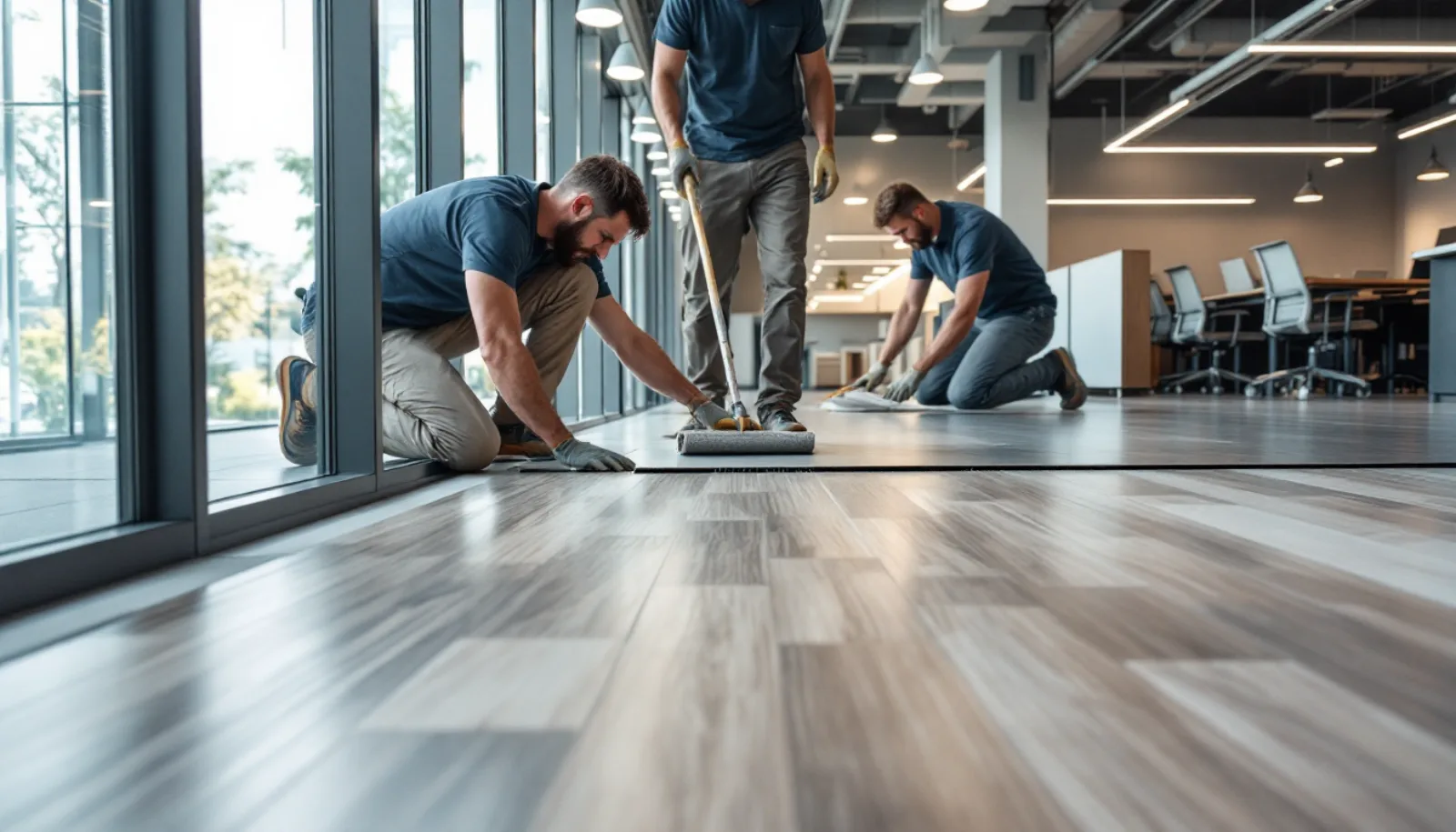 Flooring installer fitting LVT plank in a residential remodel