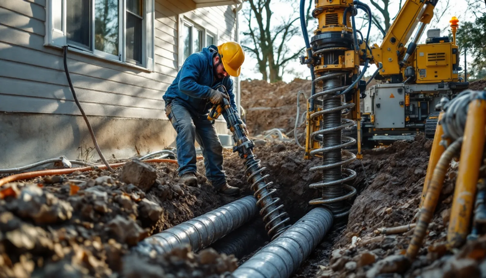 Helical pier installation under a residential foundation