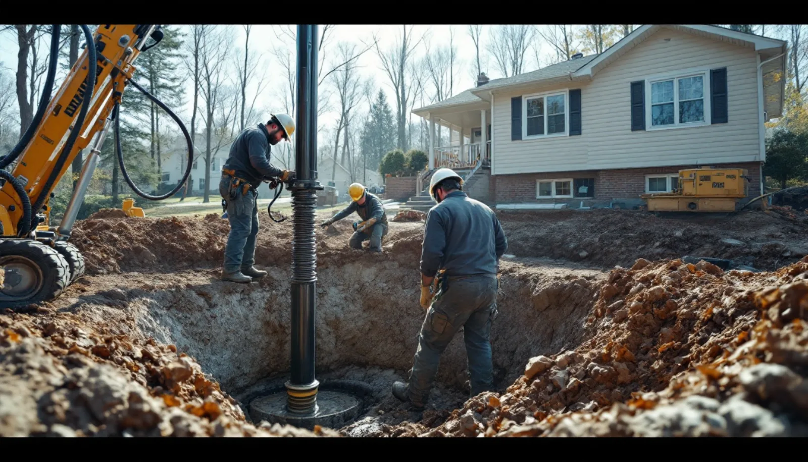 Crew installing push piers along a residential foundation perimeter
