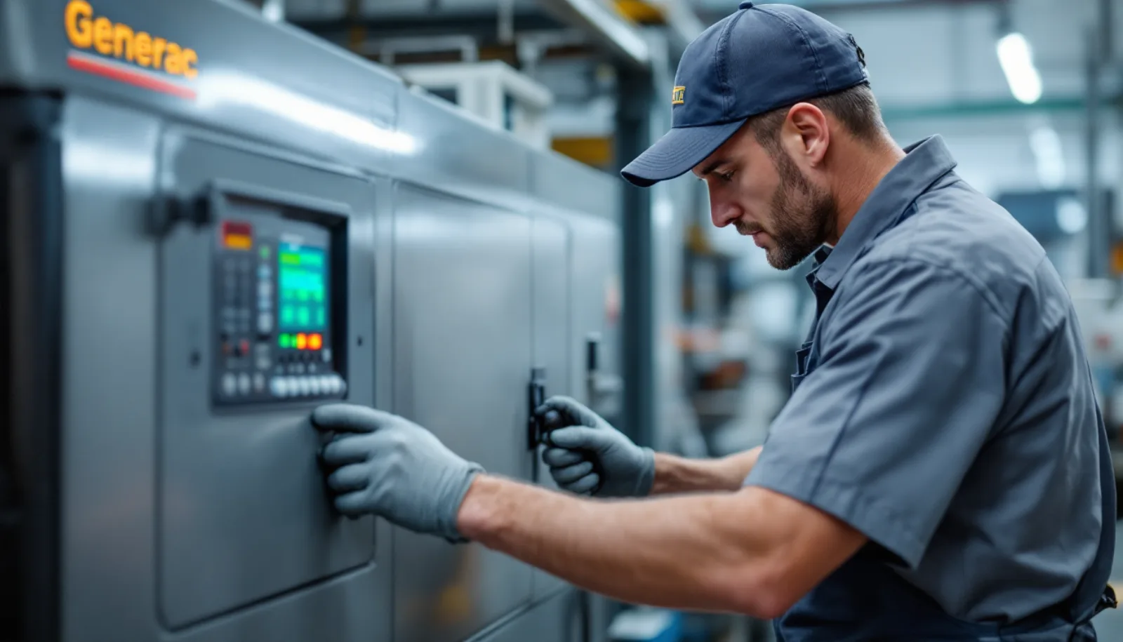 Generator service technician performing preventive maintenance