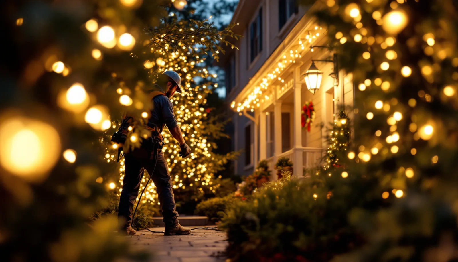 Professional holiday lighting installation on a commercial property
