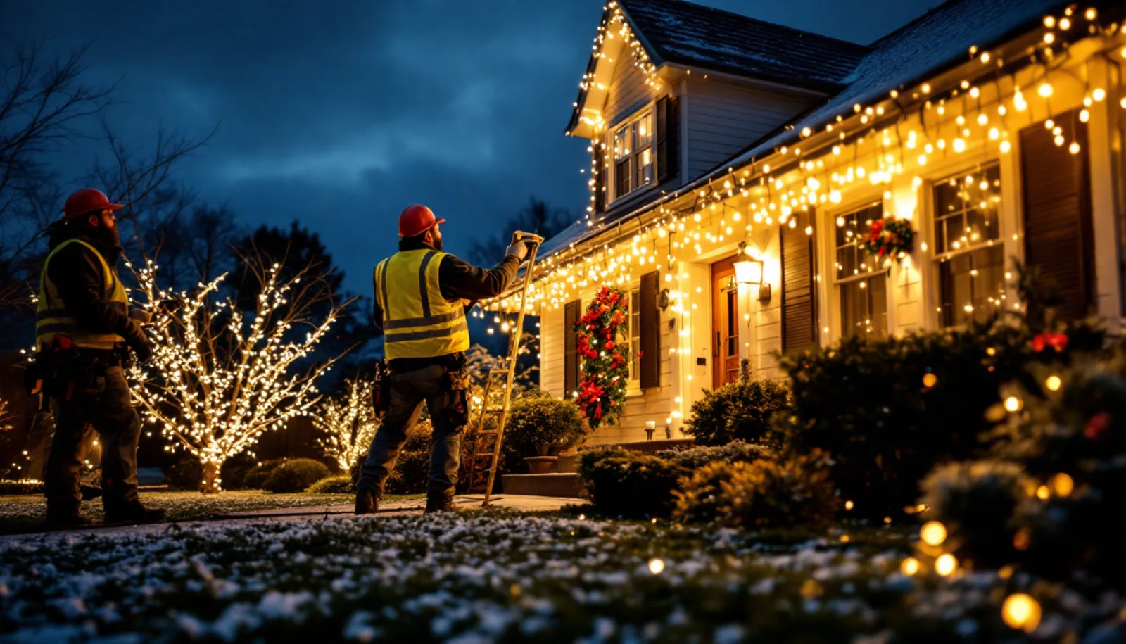 Holiday lighting installer working from a lift on a retail center