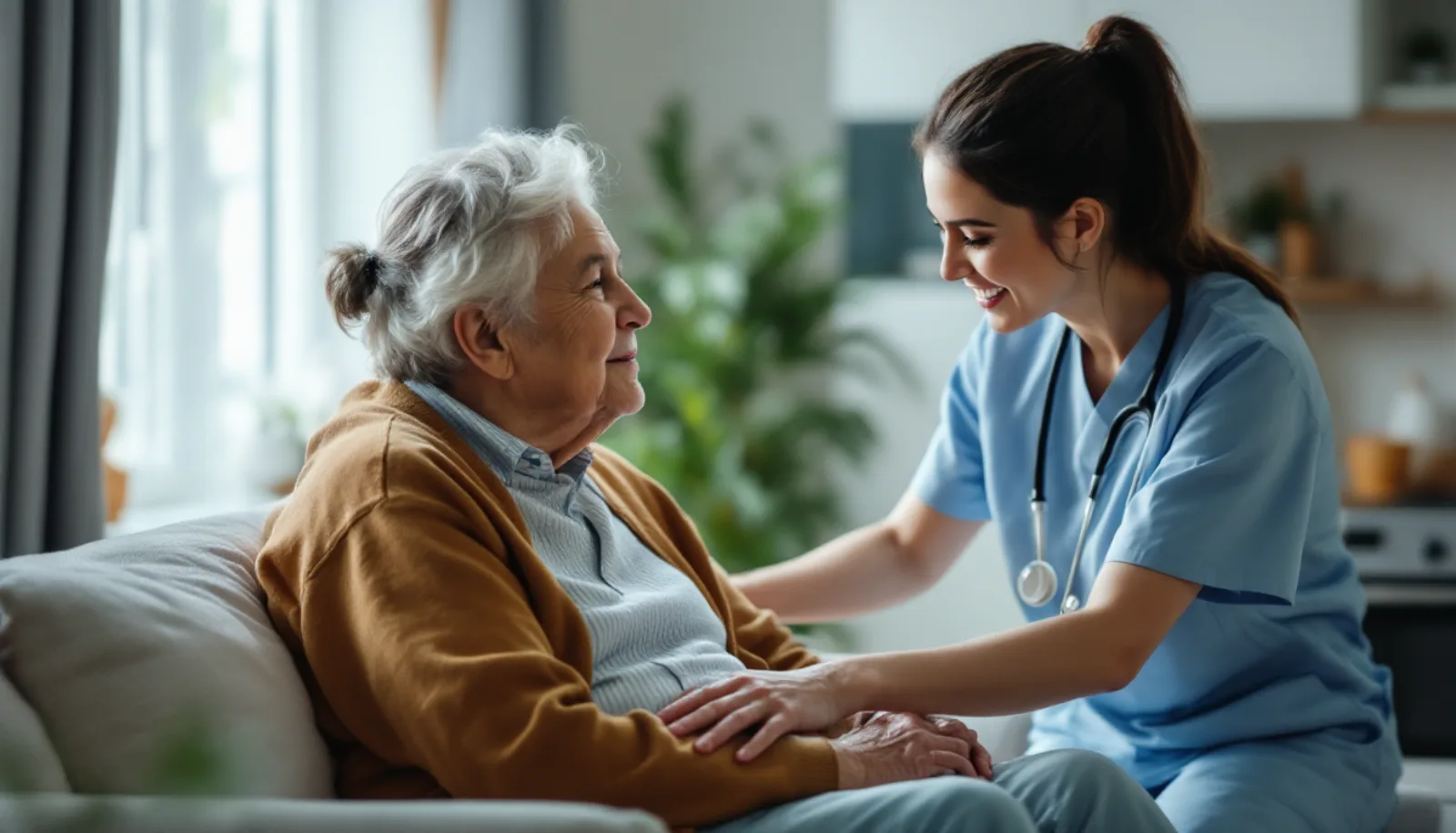 Home health caregiver assisting elderly patient