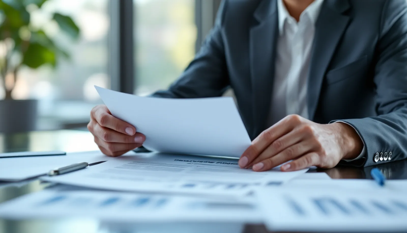 Commercial insurance producer reviewing a policy schedule with a client