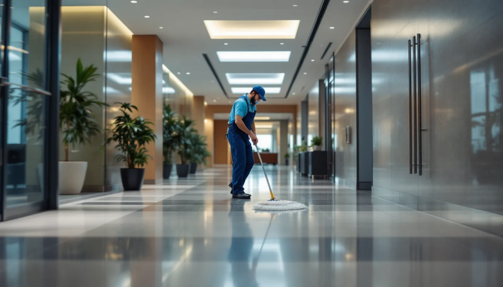Commercial janitorial team servicing an office lobby