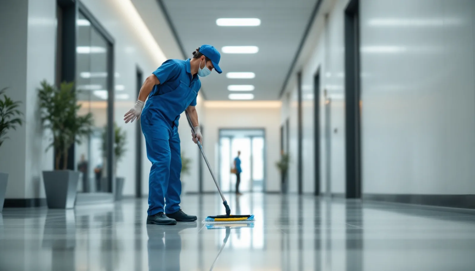 Day porter cleaning a hospital corridor