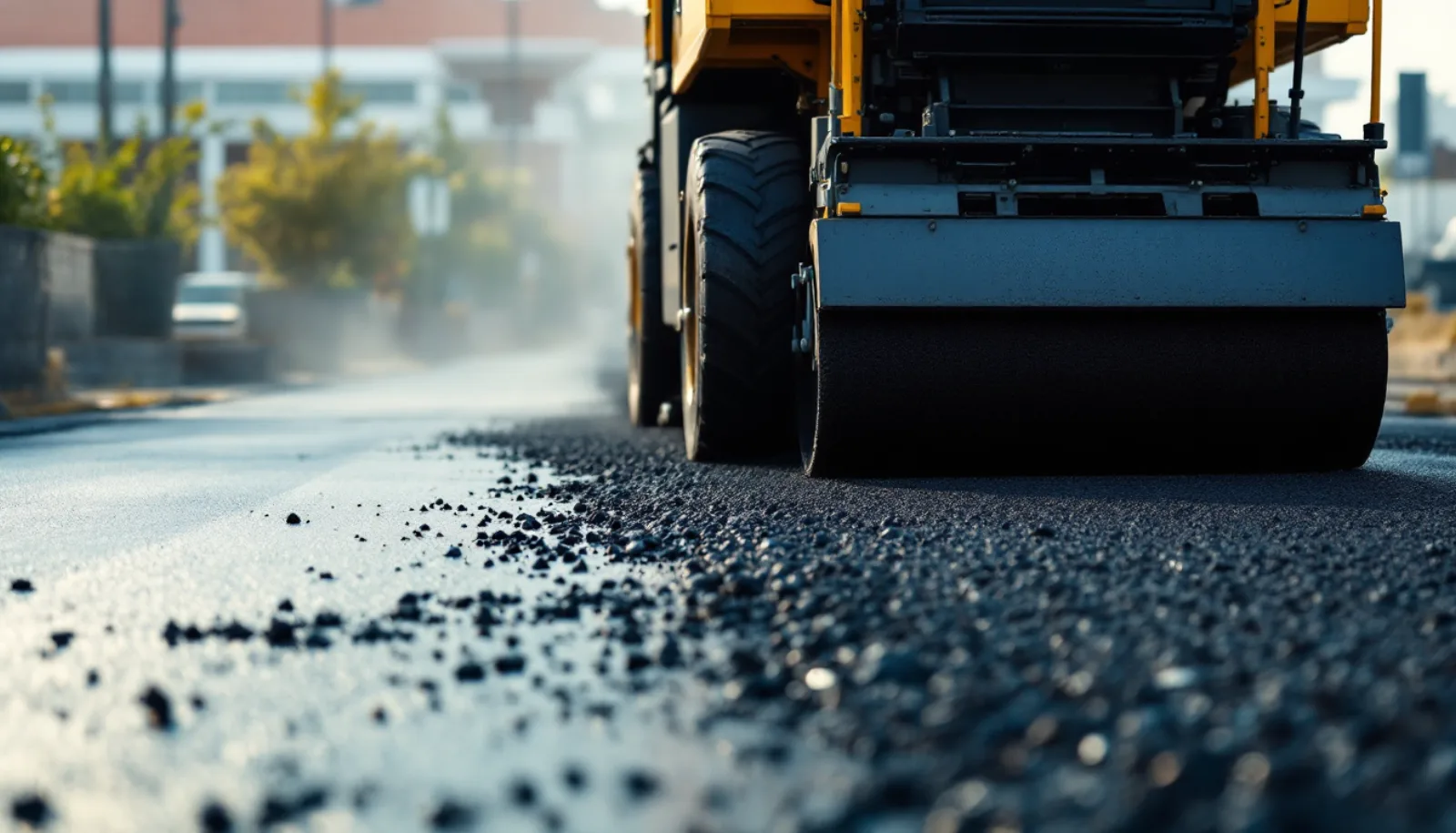 Paving crew laying hot-mix asphalt on a municipal road