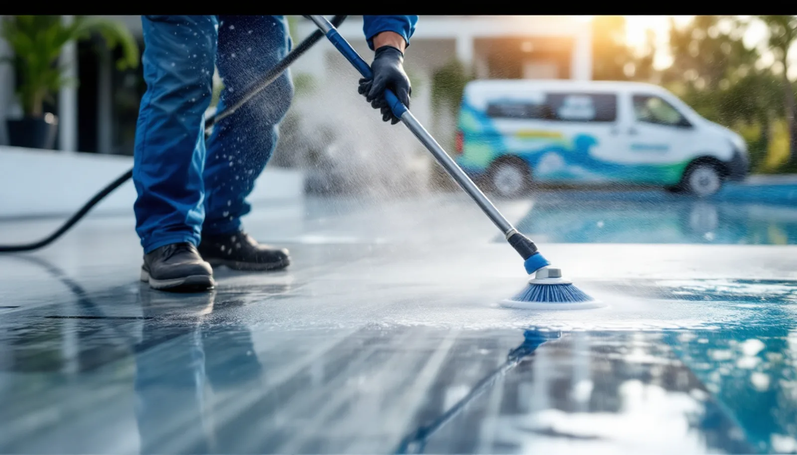 Pool service technician testing residential pool water