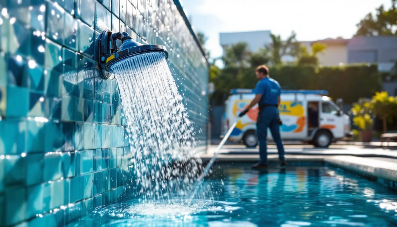 Residential backyard pool with maintenance equipment