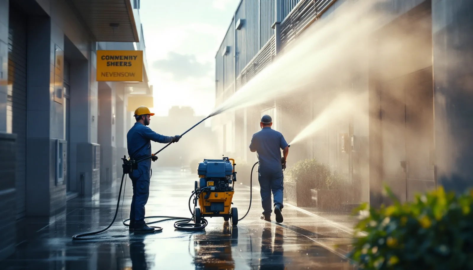 Commercial pressure washing operator cleaning a retail center