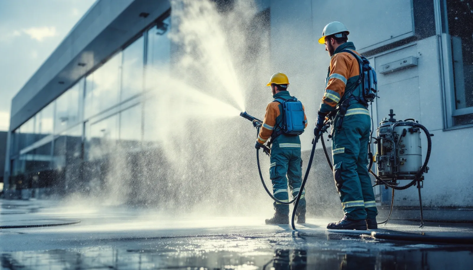 Surface cleaner attachment in operation on commercial concrete