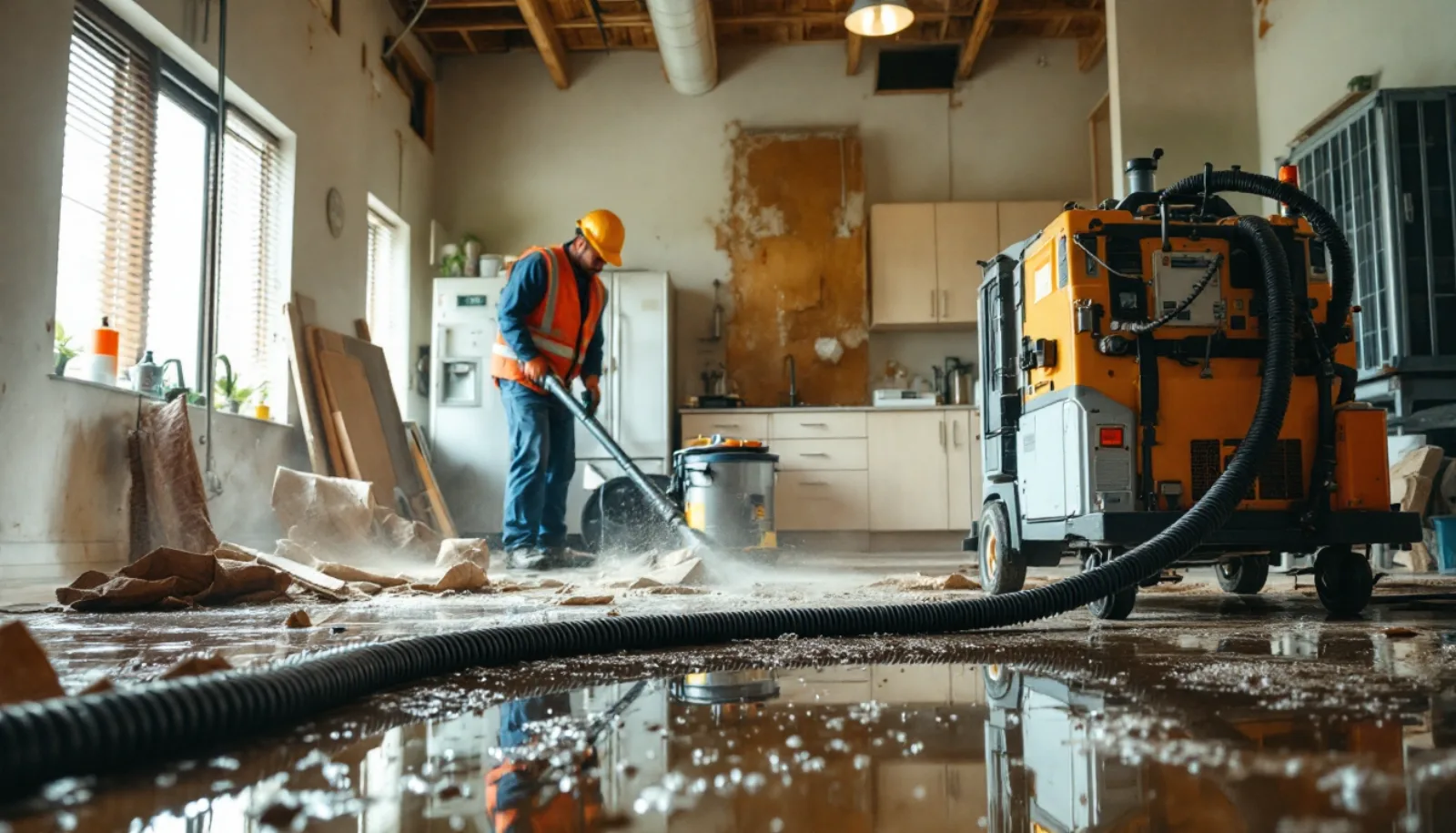 Restoration crew performing water mitigation in a flooded residential property