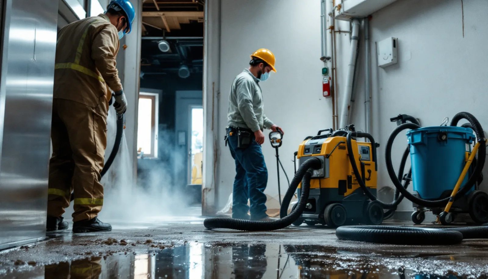 Commercial fire damage restoration project with industrial dehumidifiers and air movers