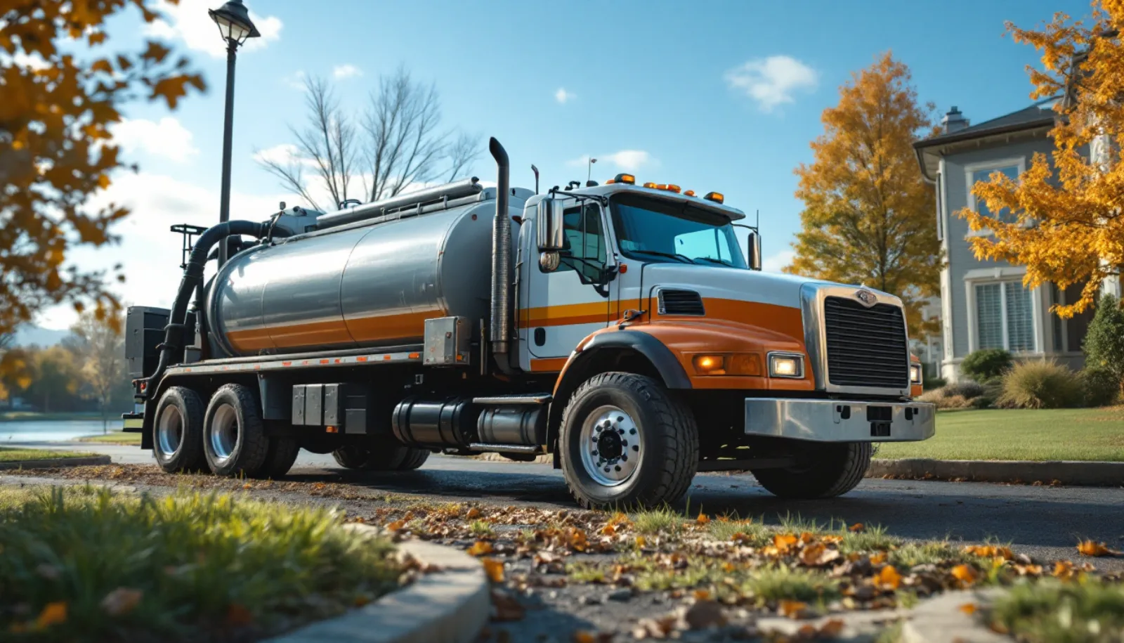 Septic vacuum truck servicing a residential tank