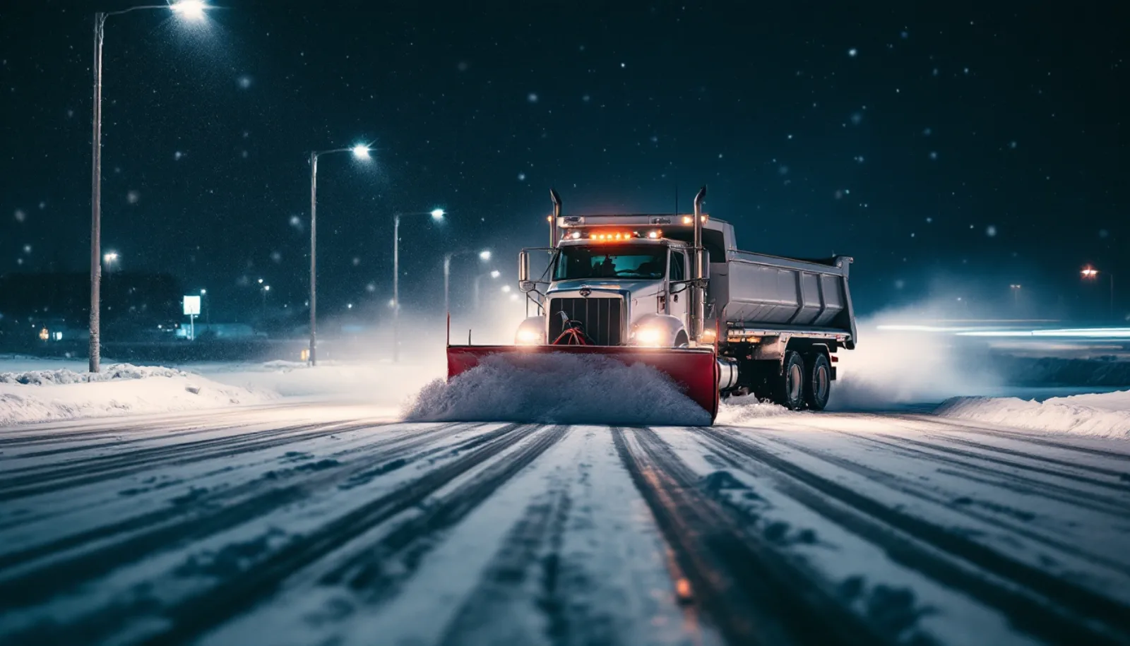 Commercial snow plow truck clearing a parking lot at night
