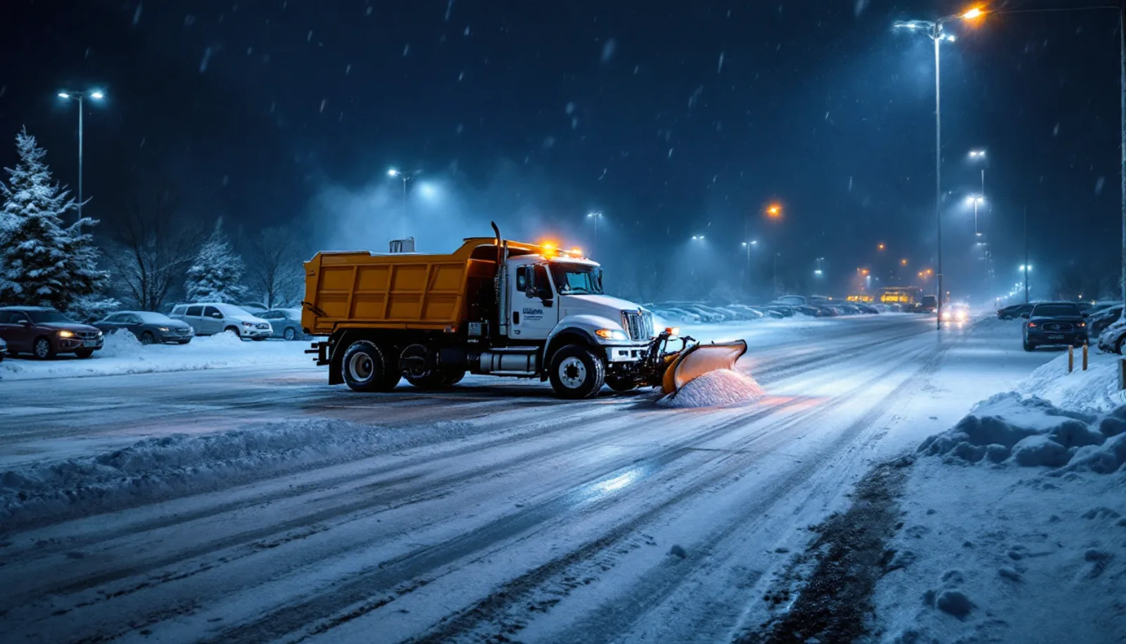 Salt brine application truck pre-treating a commercial driveway