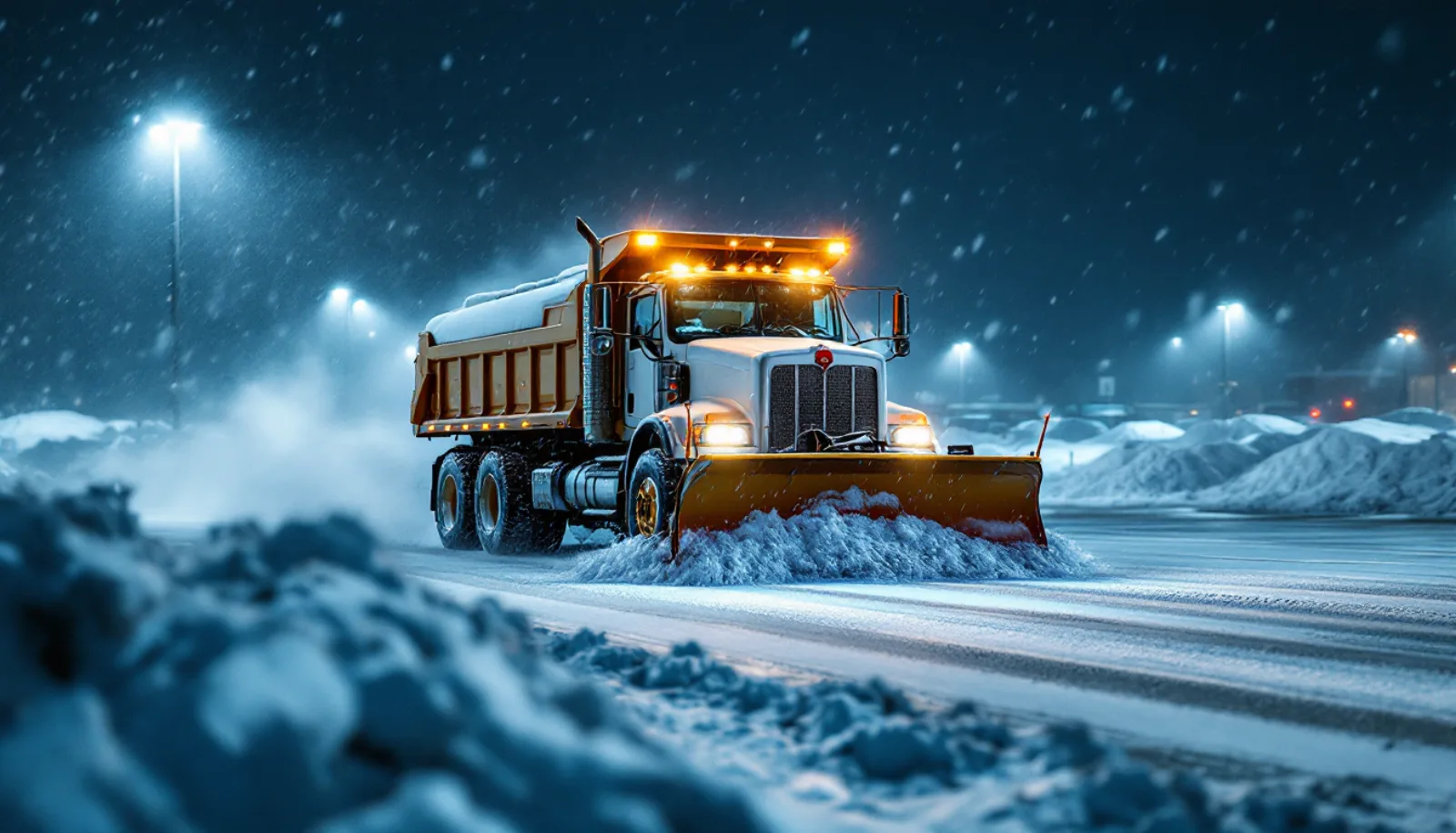 Snow removal fleet of plow trucks in a commercial yard