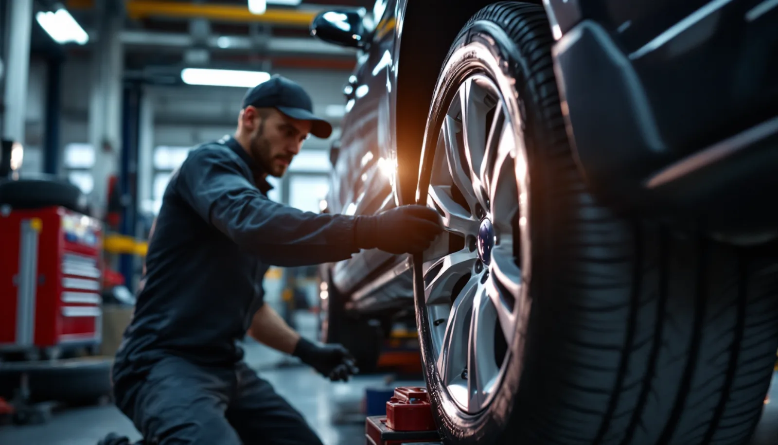 Tire shop service bay with technician