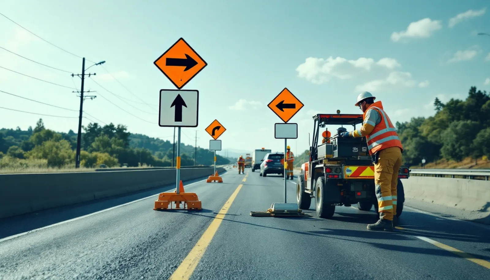 Highway work zone with attenuator truck and arrow board