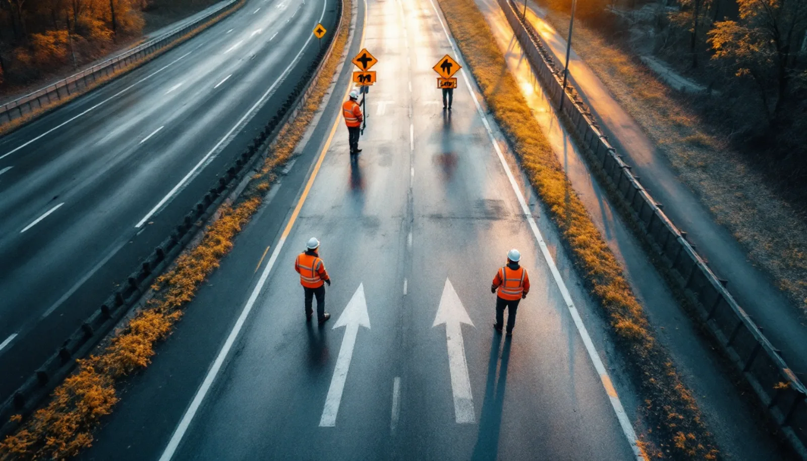 Traffic control crew setting cones on closed lane