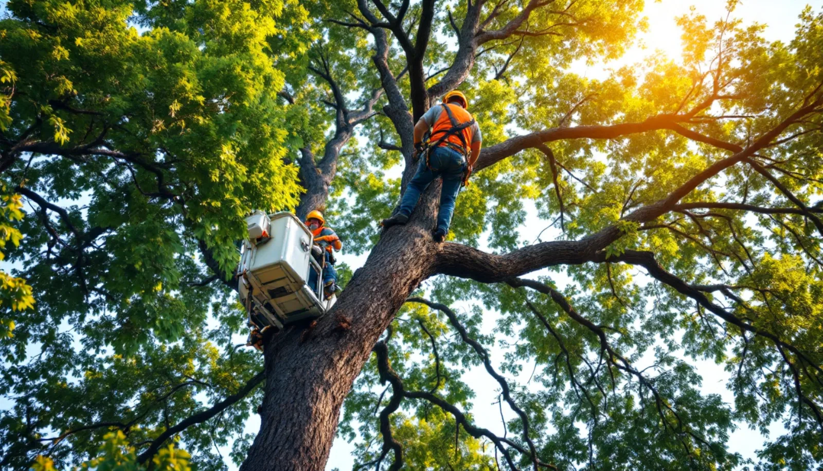 Tree service crew with bucket truck performing crown reduction