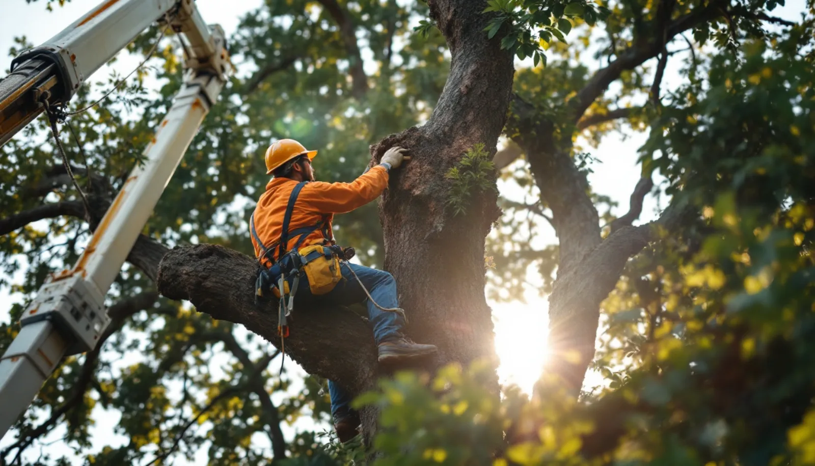 Climbing arborist performing crown thinning with chainsaw