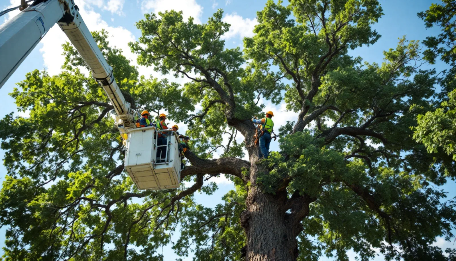 Tree service crew loading wood chips into chip truck