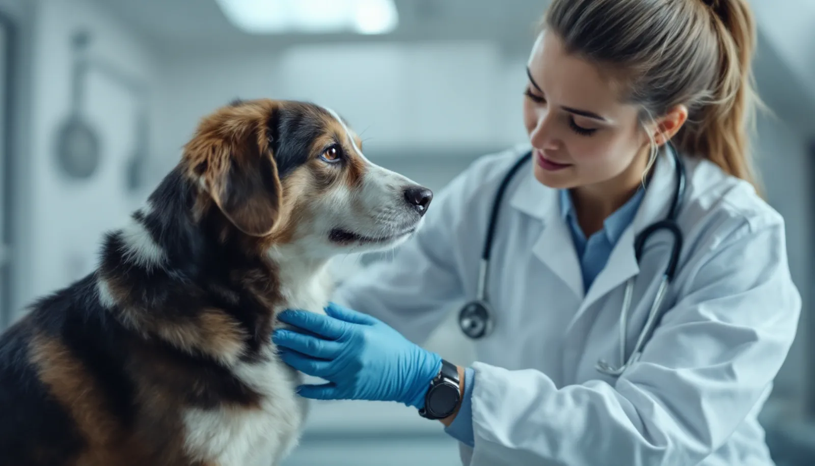 Veterinarian examining a dog in a modern animal hospital exam room