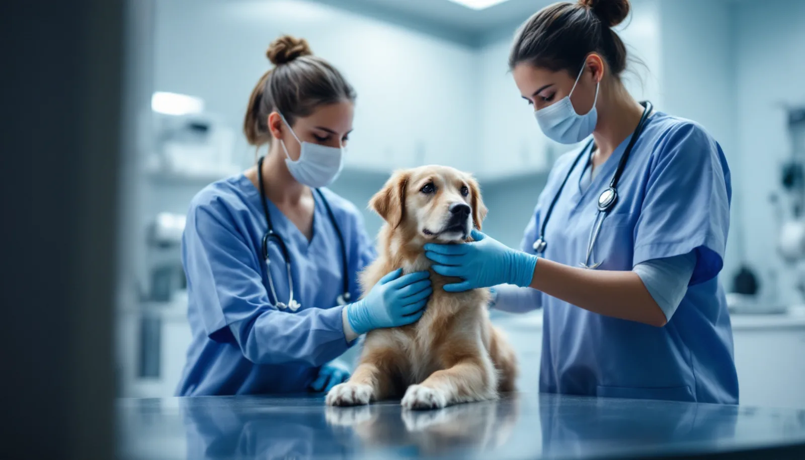Veterinary technician comforting a cat during examination