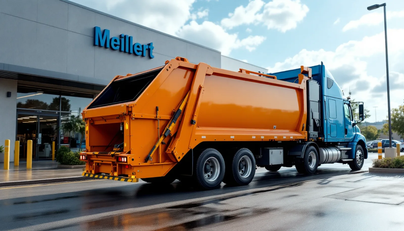 Front-load waste collection truck servicing a commercial container