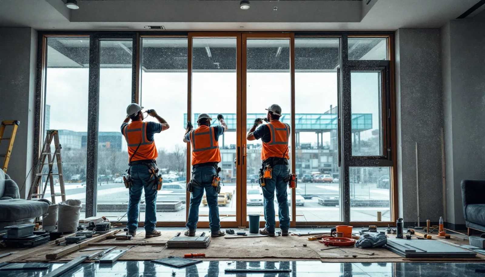 Crew installing a fiberglass entry door