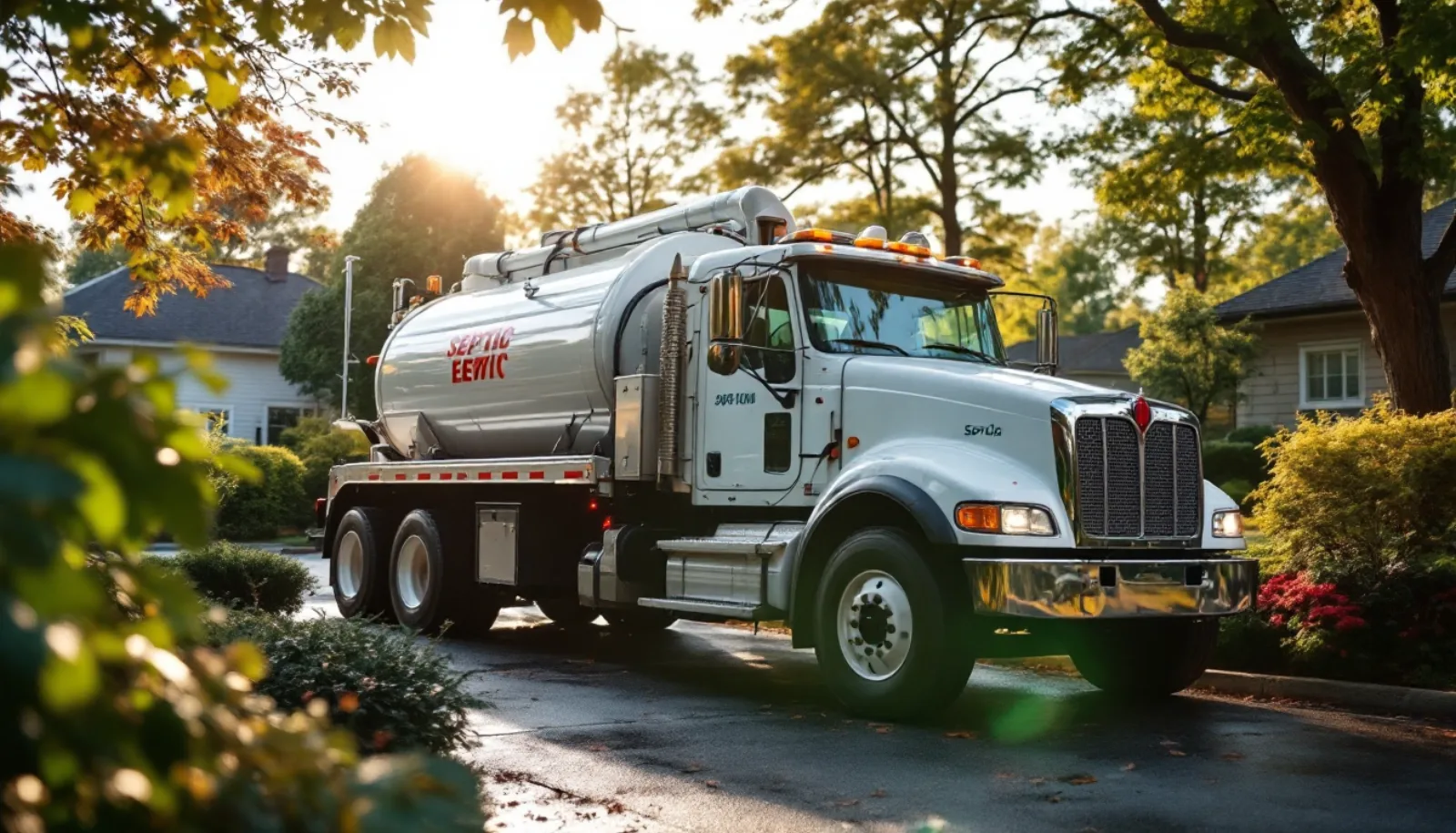 Vacuum truck servicing residential septic tank