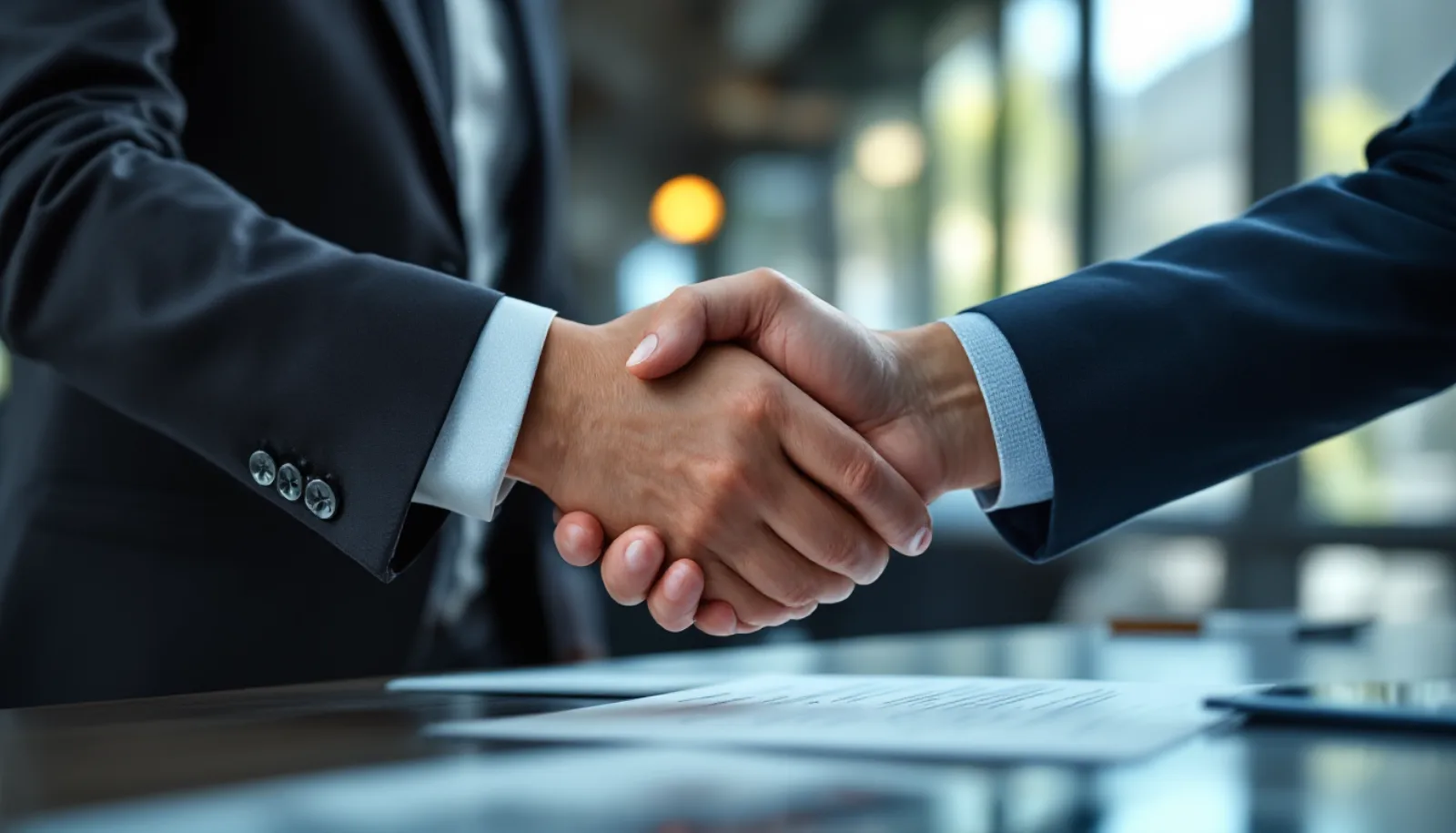 Signed merger agreement on a walnut desk with a reverse termination fee clause highlighted