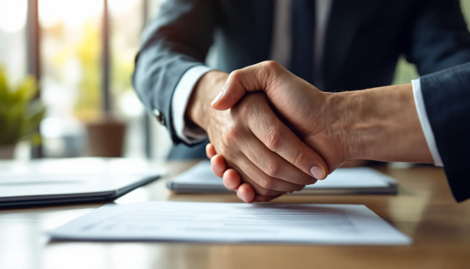 Signed Asset Purchase Agreement on a polished walnut desk with a closing checklist and capital-structure diagram