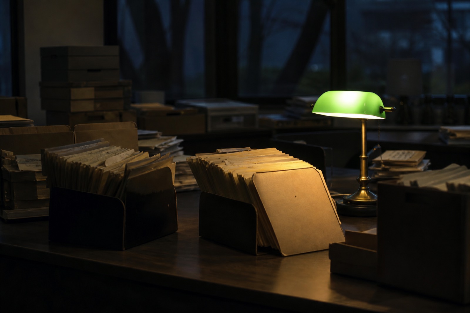 Accounting office at night during tax season with stacked files and boxes