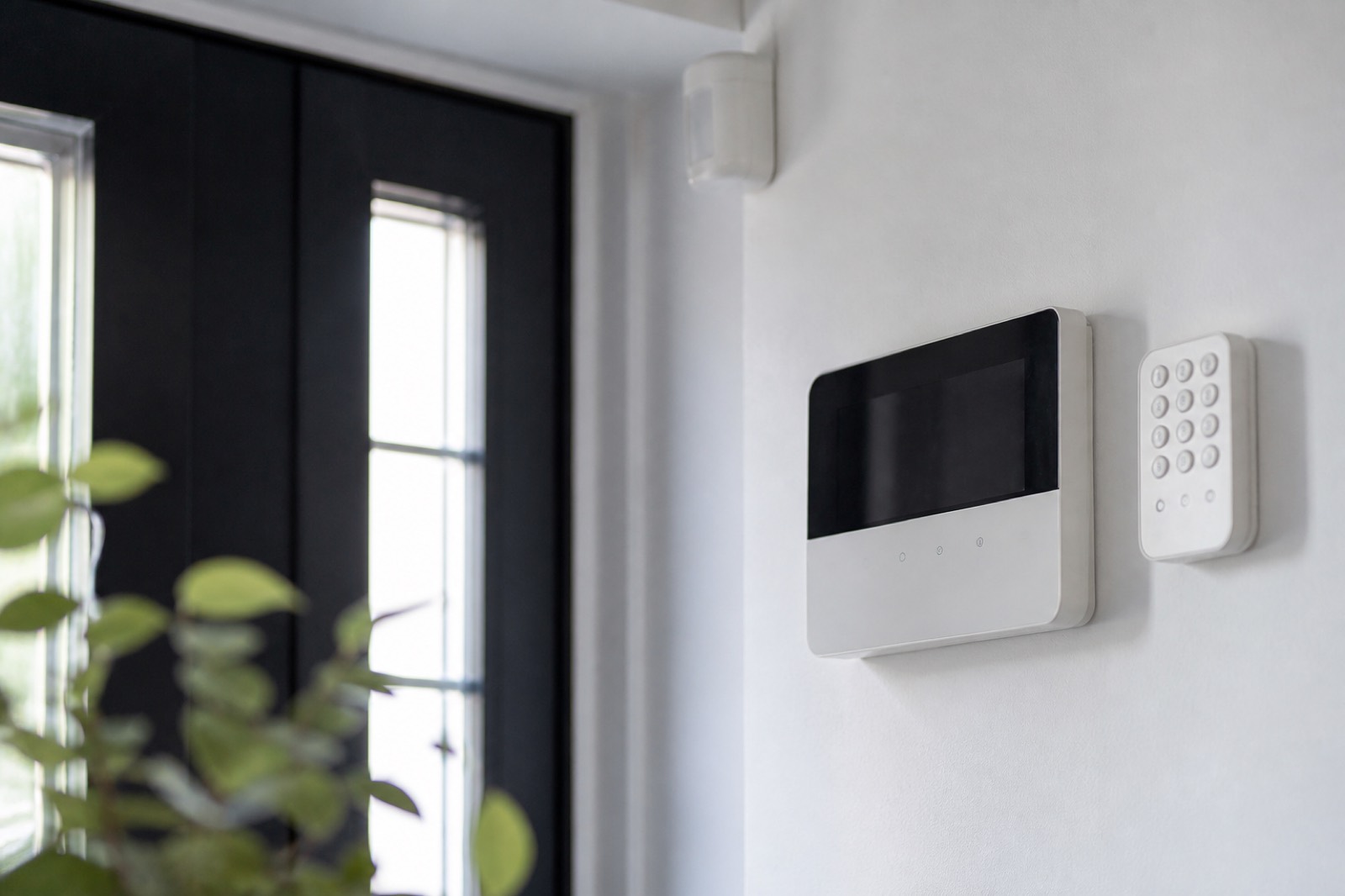 Alarm keypad and sensor by a door, typical of alarm company acquisitions