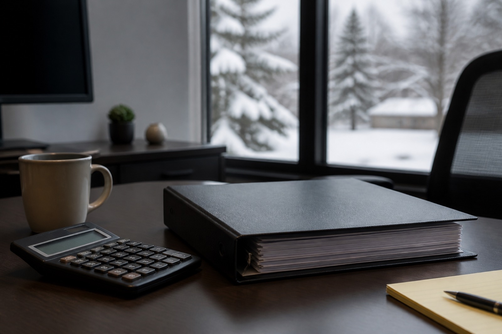 Desk with valuation binder in a suburban office near Buffalo for an Amherst business sale