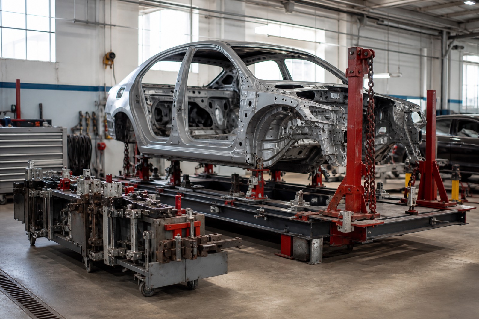 Frame straightening machine in a well equipped collision repair bay