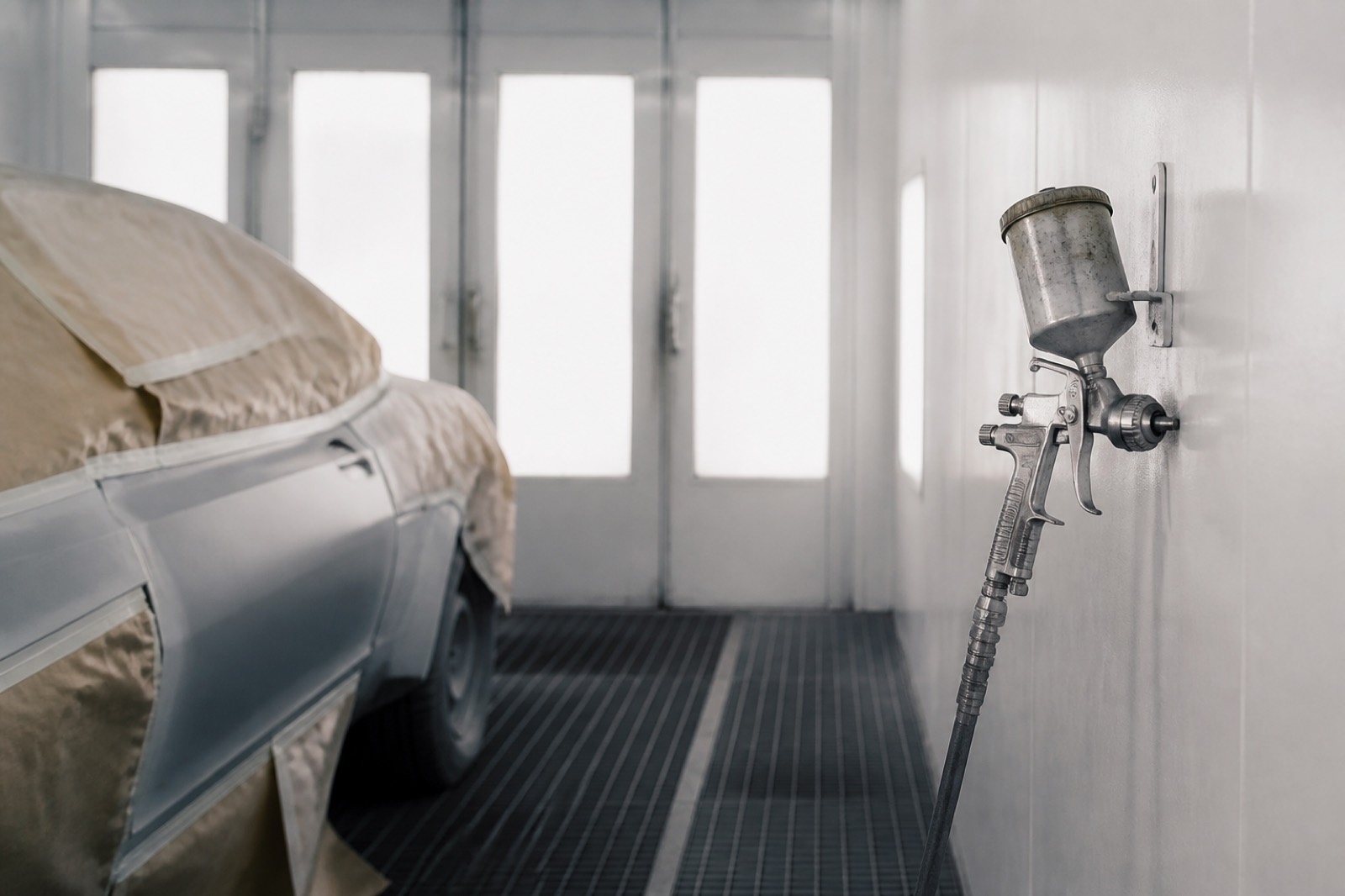 Car masked for painting inside an auto body shop paint booth