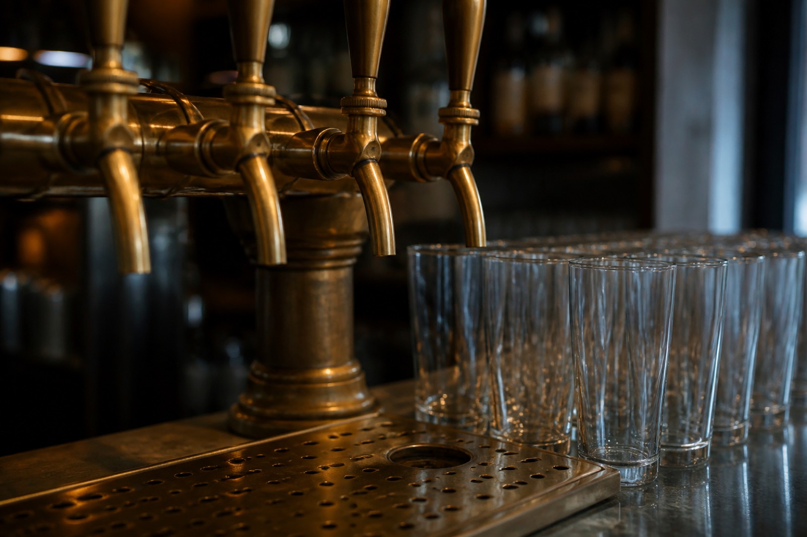 Brass beer taps and pint glasses behind a bar counter