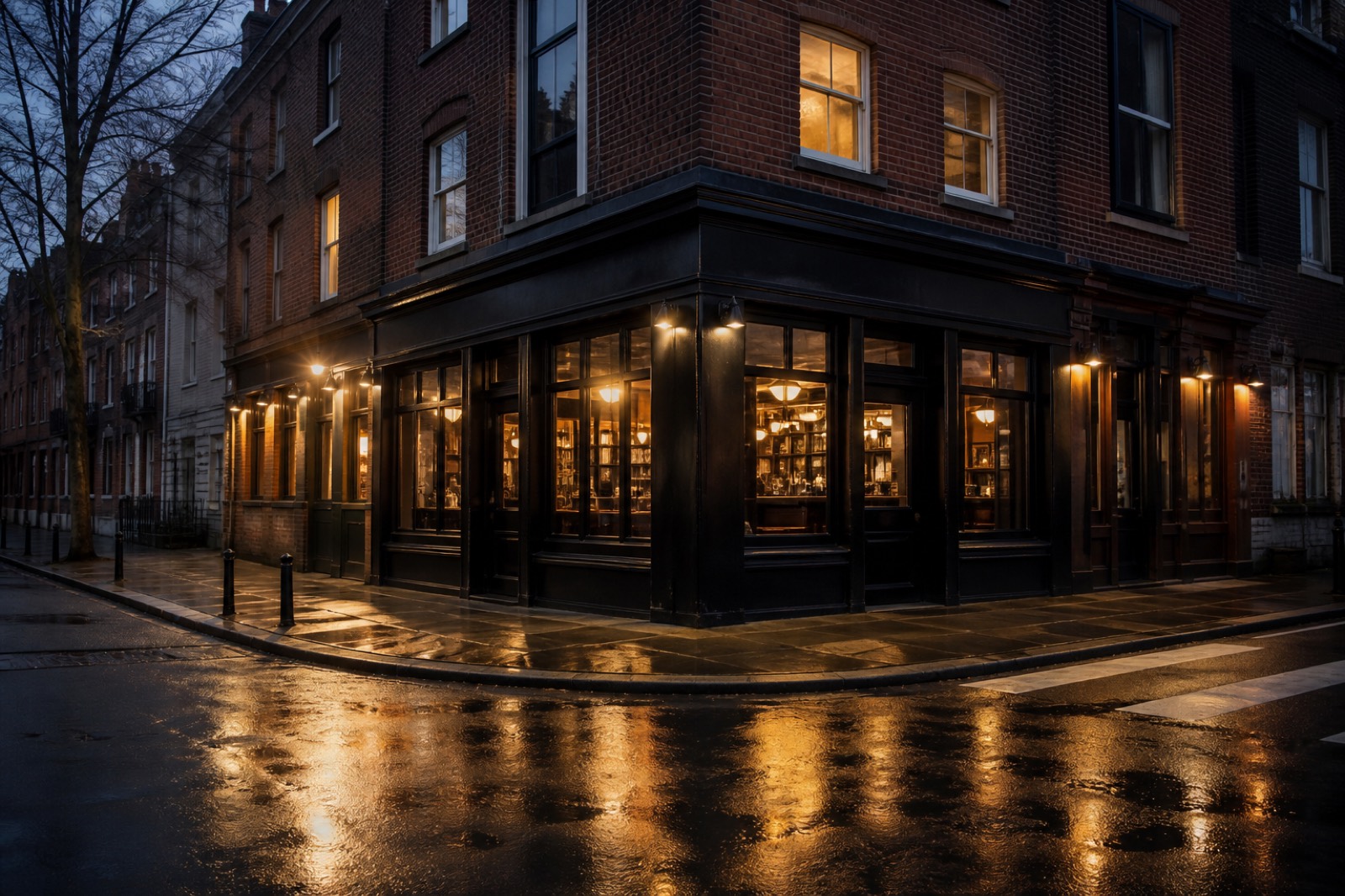 Brick corner pub at dusk on a quiet street