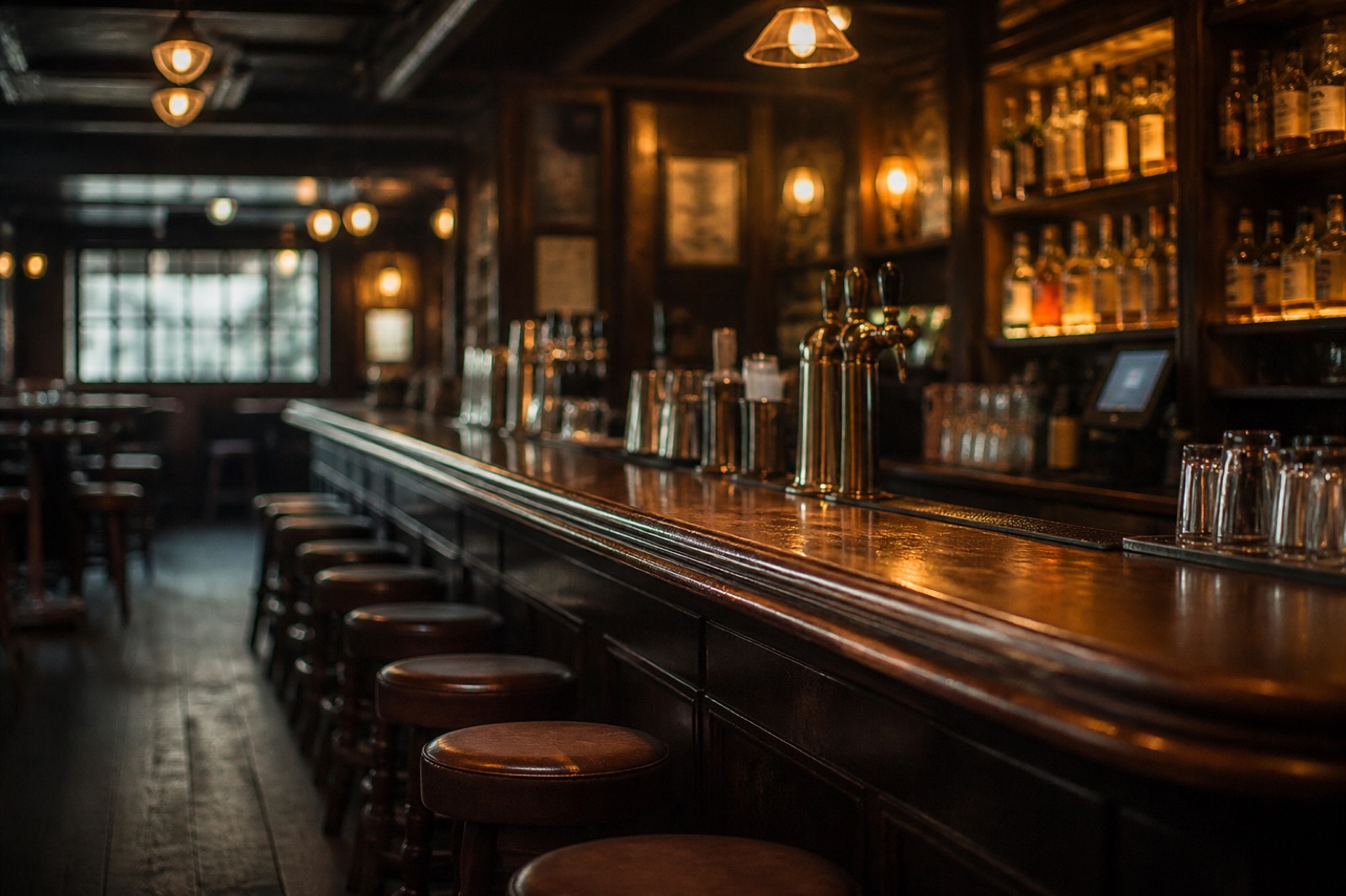 Neighborhood pub interior with a wooden bar and empty stools
