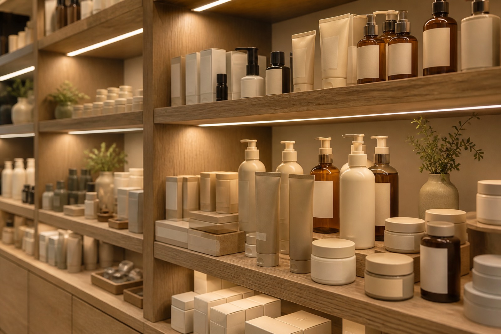 Retail shelf of premium consumer products with matching packaging