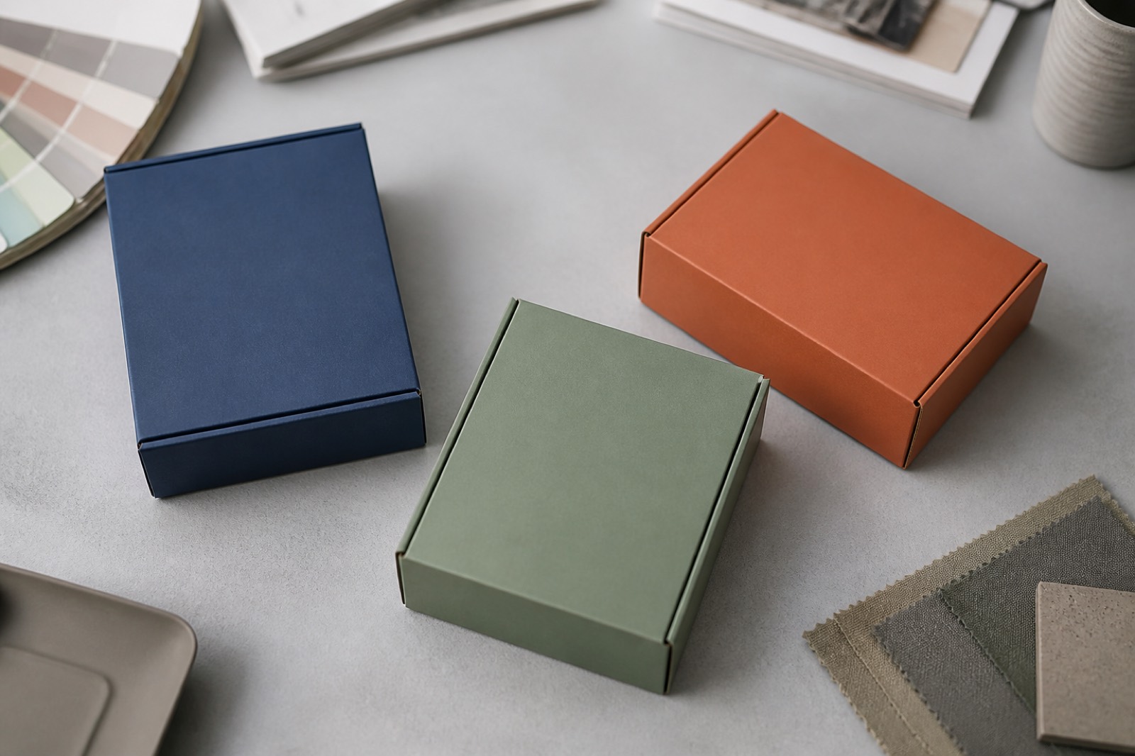 Three plain product boxes on a design table representing brand valuation methods