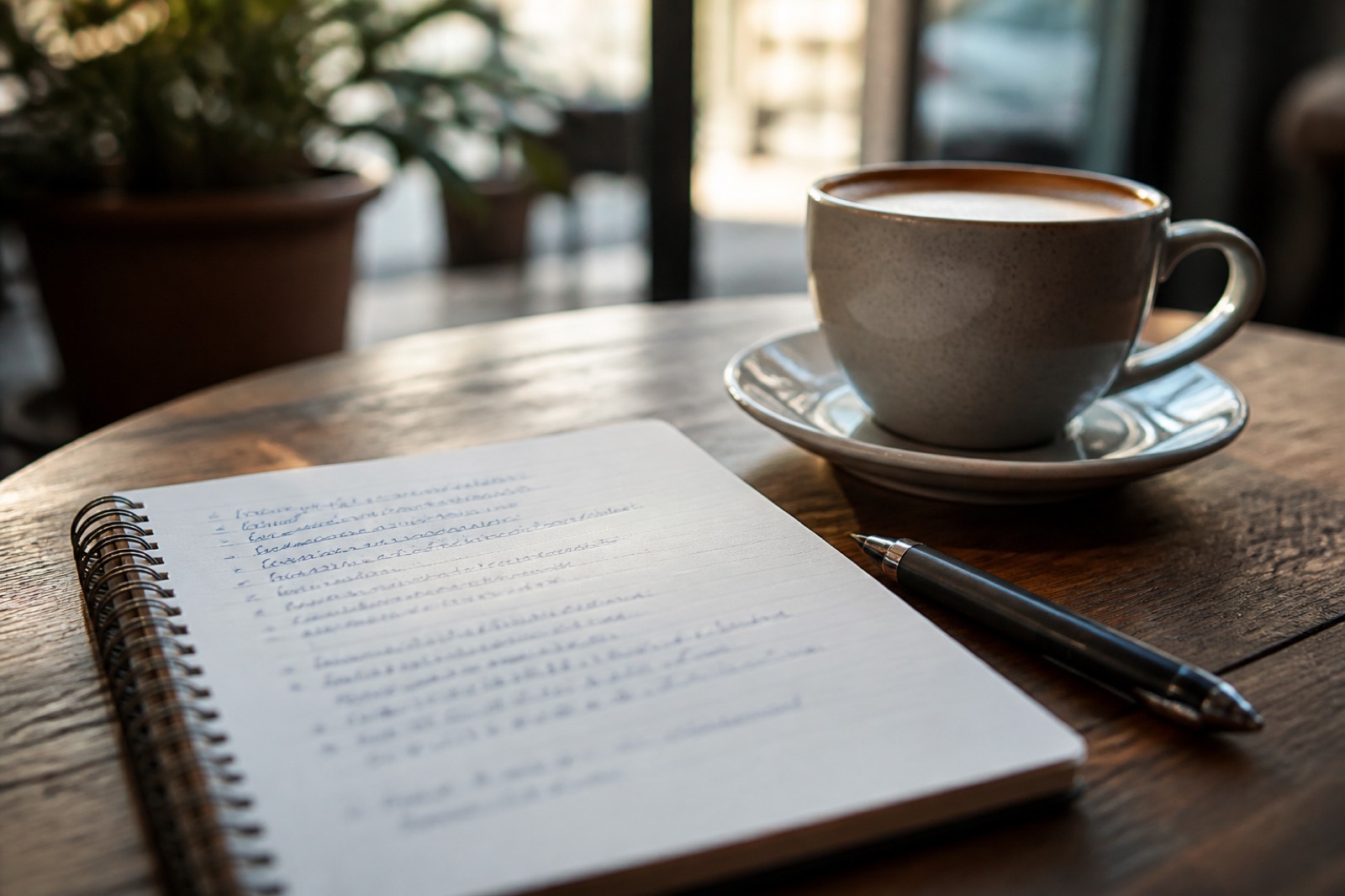 Notepad and coffee for preparing questions to ask a business broker