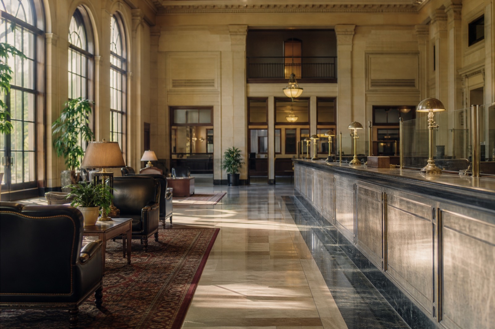 Traditional community bank lobby with marble counters and brass lamps