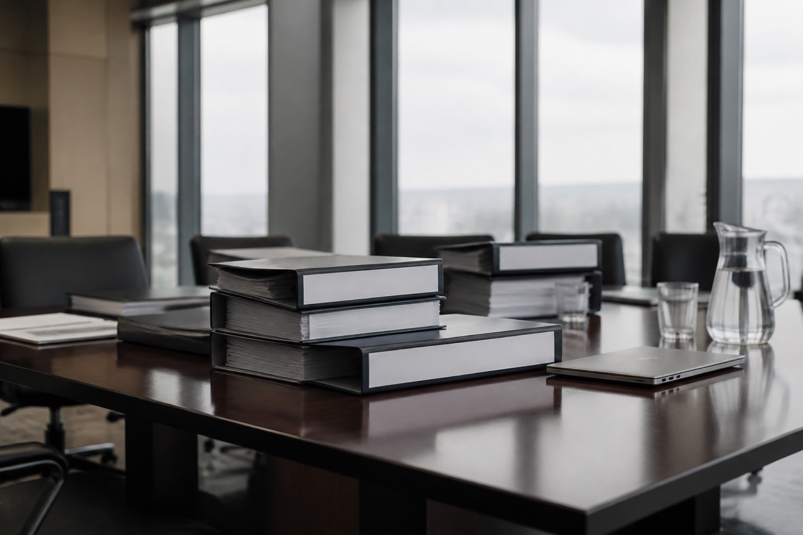 Boardroom table with binders for a bank acquisition approval process