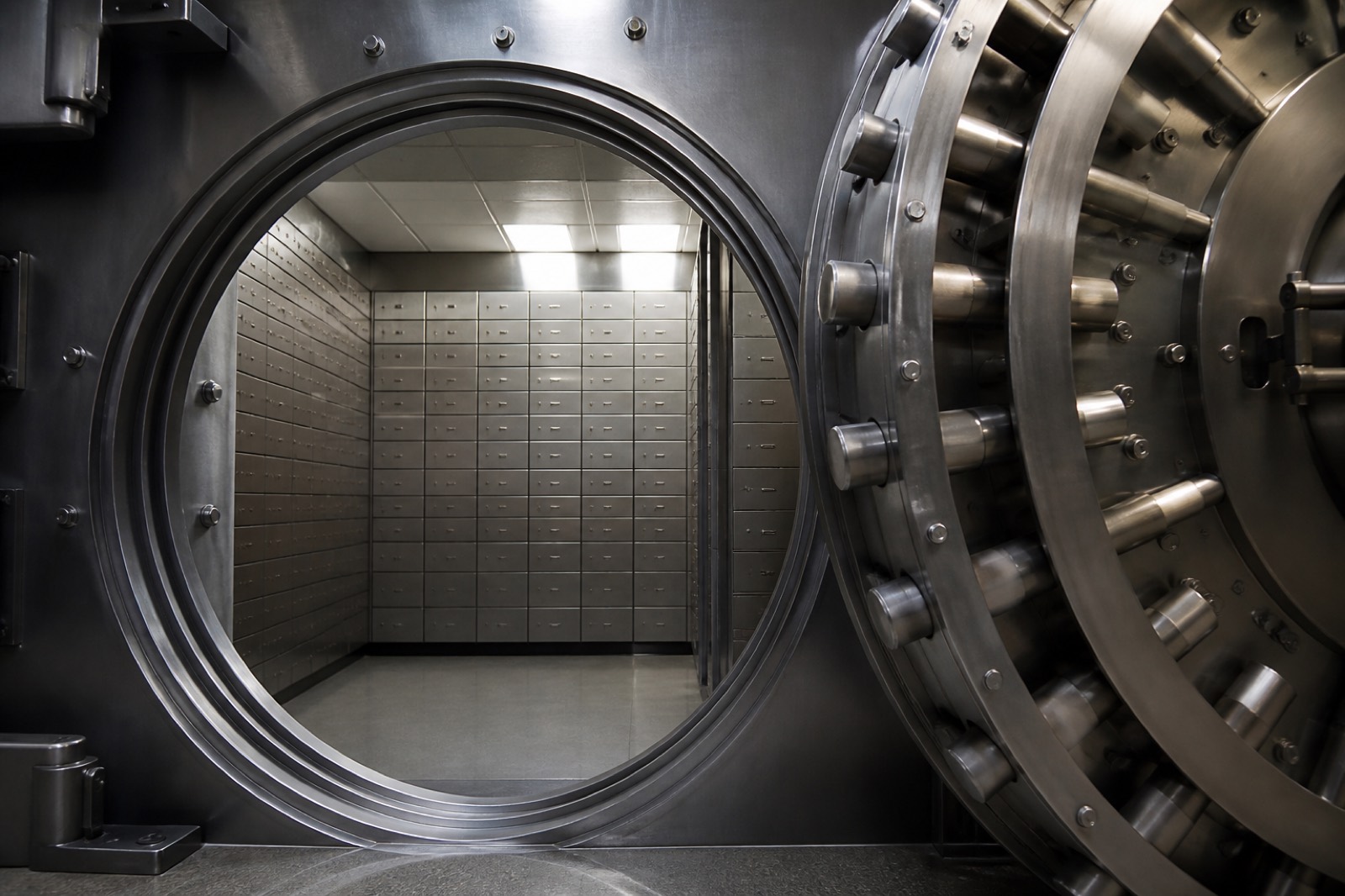 Open bank vault door with rows of safe deposit boxes